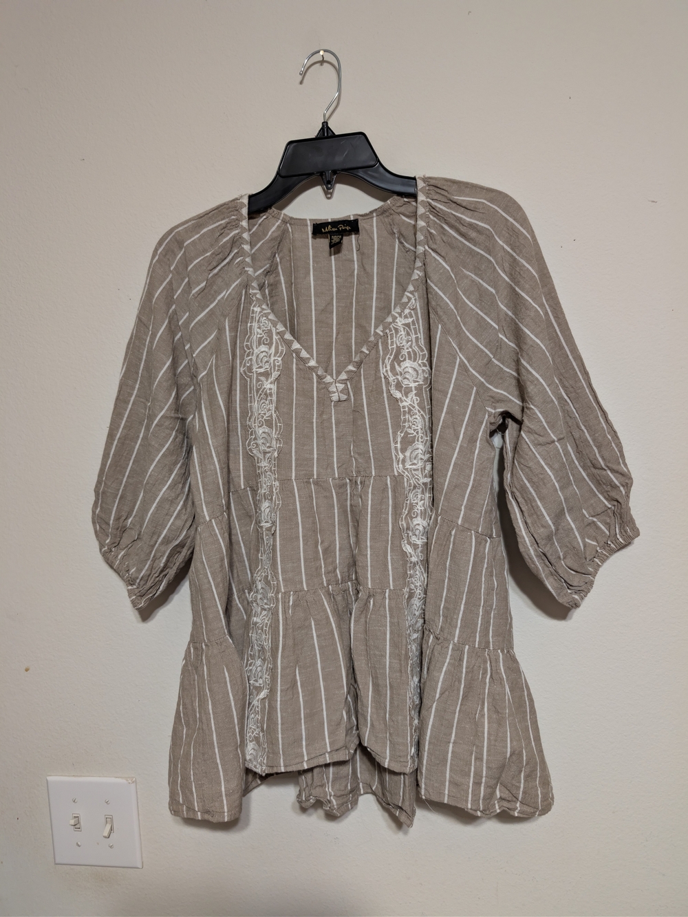 Melissa Paige Taupe & White Striped V-Neck Peasant Tunic